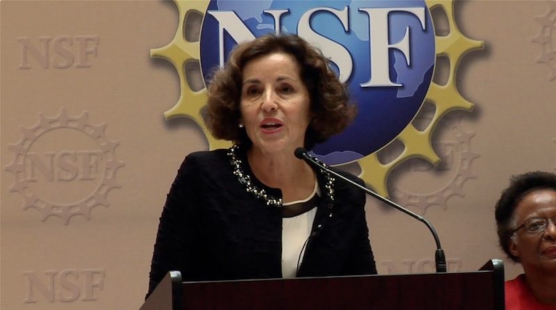Figure 1: France Anne-Dominic Córdova speaking at the National Science Foundation (NSF).