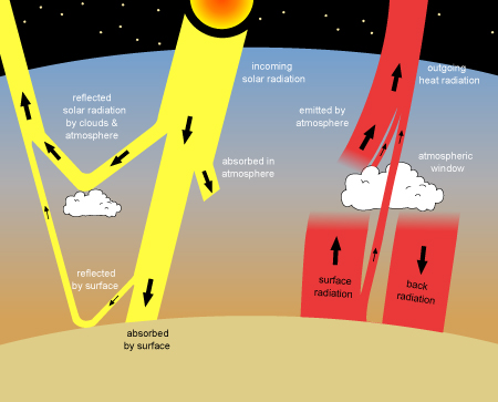 Figure 8: This diagram shows the fluxes of energy in and out of Earth’s surface. The Sun provides most of the incoming energy, shown in yellow. Most of this energy is absorbed at the surface, except for a small amount that gets reflected by clouds or the ground, or that gets absorbed by the atmosphere. Most of the outgoing energy is emitted by Earth’s surface as long wavelength radiation, shown in red. However, most of this energy gets absorbed by greenhouse gases the atmosphere. The atmosphere re-emits some of this energy up to space and some of it back down to Earth. The red arrow labeled “back radiation” represents the greenhouse effect.