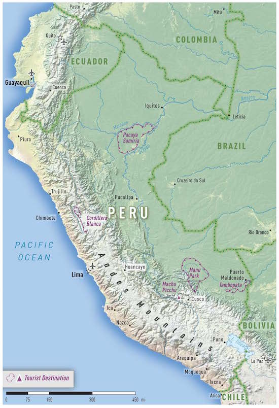 Figura 2: Mapa del Perú con las montañas de los Andes indicadas.