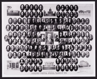 Figure 2: Harvard Medical School, Class of 1915. Louis T. Wright is in the fourth row from the bottom, fourth picture on the left.