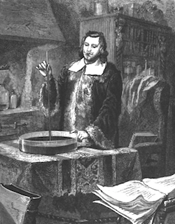 Figure 2: Evangelista Torricelli experimenting with a tube of mercury and inventing the barometer. (Image from L'Atmosphere published in 1873.)