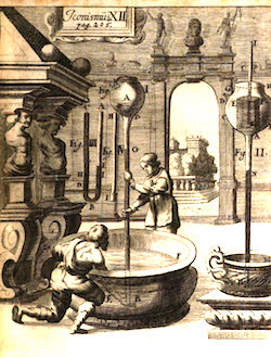 Figure 2: An example of Evangelista Torricelli's experiment with a mercury barometer, where he filled a glass tube sealed at one end with mercury and then inverted the open end into a tub full of the liquid metal. The tube of mercury remained partially filled even though inverted.