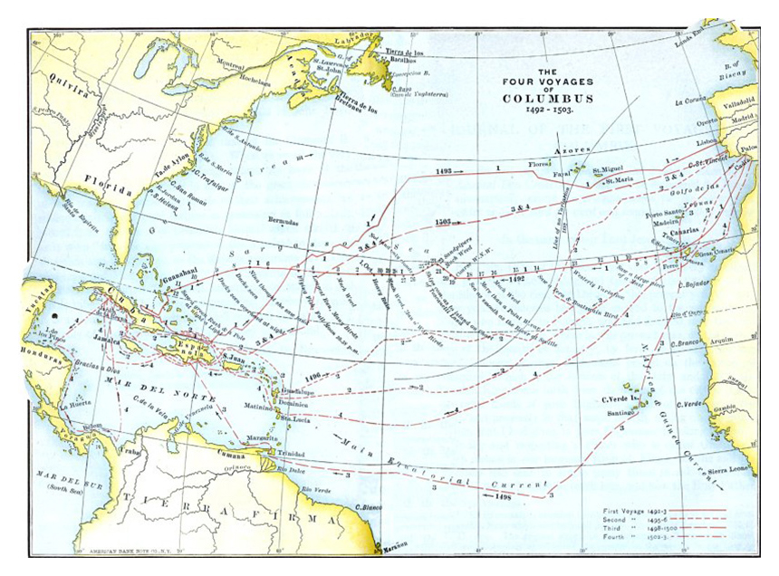 Figure 3: Map showing Christopher Columbus’ routes across the Atlantic. 