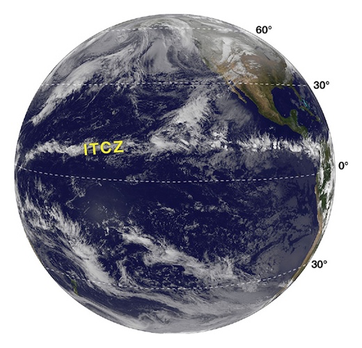 Figure 8: The band of clouds just north of the equator indicates the location of the Intertropical Convergence Zone (ITCZ). Data from NOAA GOES - http://goes.gsfc.nasa.gov/text/goes11results.html). 