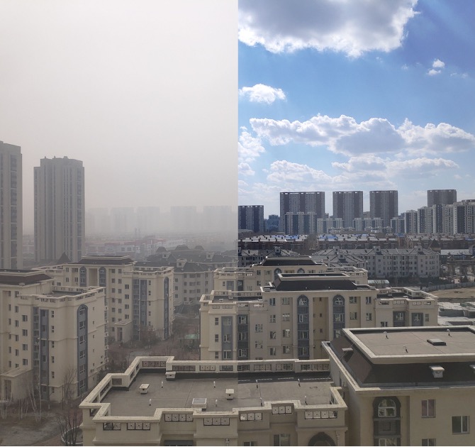 Figure 2: The word “smog” originated as a combination of smoke and fog. Over time, scientists showed that smog is actually due to ground-level ozone plus a mix of other pollutants. This is shown on the left side of this image taken of Fahne, China. The right side is 10 days later, when weather conditions had cleared the smog.