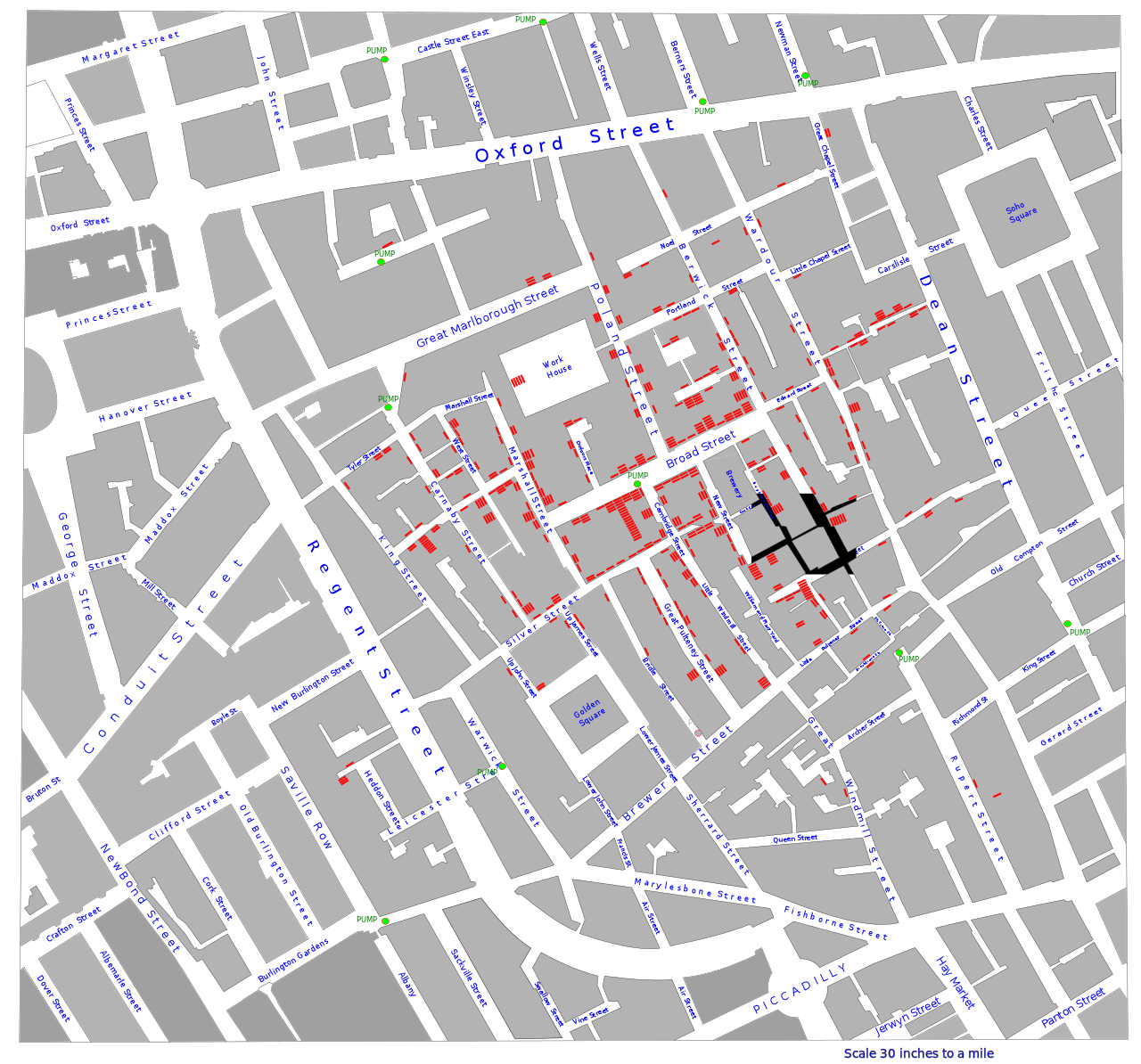 Figure 4: A representation of the 1854 map of cholera deaths by Snow. The map revealed a pattern of cases occurring near the Broad Street water pump, as shown in red.