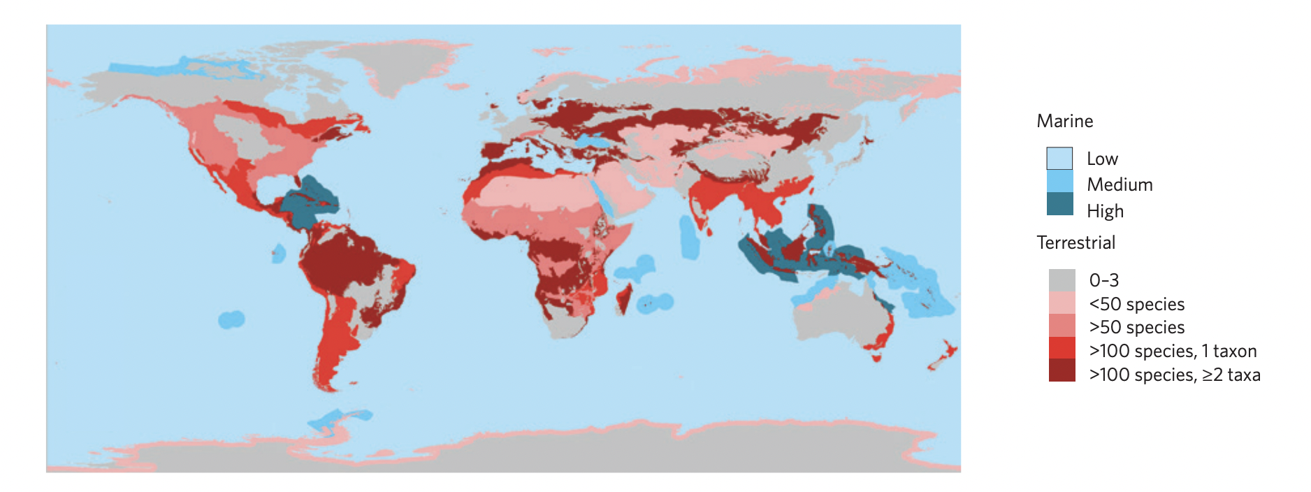 Figure 5: Ecoregional global concentrations of terrestrial and marine climate change vulnerable species.