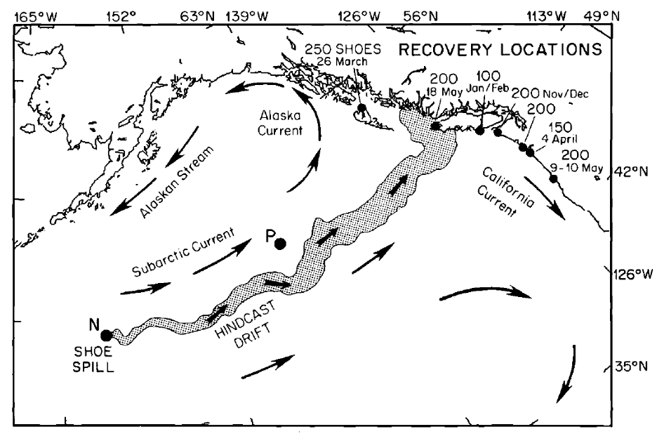 Figure 1: Map from Ebbesmeyer and Ingraham’s 1992 publication. N indicates the location of the shoe spill, and the black dots on the shore show sites where shoes were recovered, the date of their recovery, and how many shoes were located. From Ebbesmeyer and Ingraham 1992.
