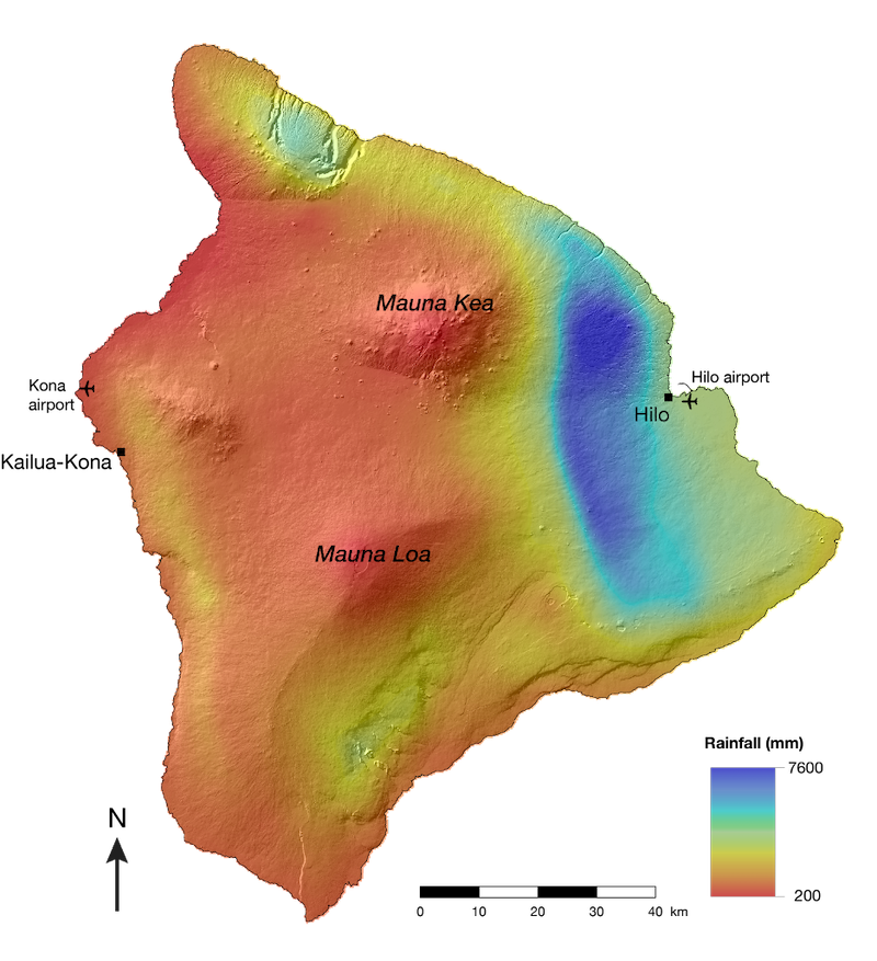 Figure 1: Annual average rainfall in mm/year on the Big Island of Hawai’i. Rainfall data are from The Online Rainfall Atlas of Hawaii.