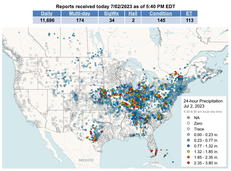 Figure 4: An example of reports from CoCoRAHs users on 2 July 2023. A total of nearly 11,700 observations were submitted on this day.