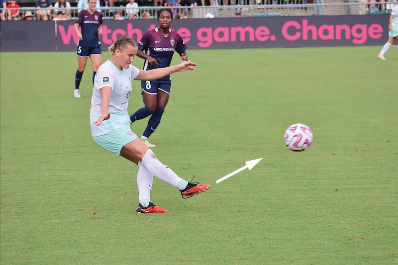 Figure 2: Player kicking a soccer ball in the 2023 National Women’s Soccer League Challenge Cup final. The white arrow shows the direction of the force applied by the kick.