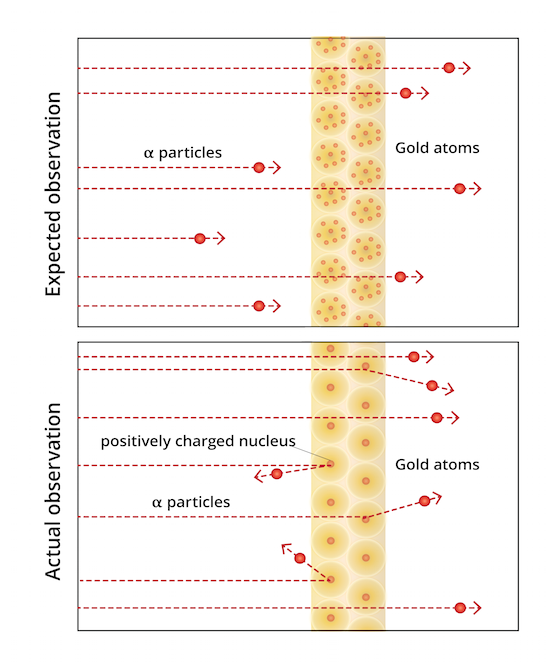Figura 4: En el experimento de papel dorado, Rutherford y sus colegas esperaban ver las partículas alfa pasando por los átomos que estaban casi vacíos.  Sin embargo, lo que se observó fue que las partículas alfa que ocasionalmente rebotaban en ángulos agudos, indicando que había mas solido en el átomo de lo que se pensaba previamente. 