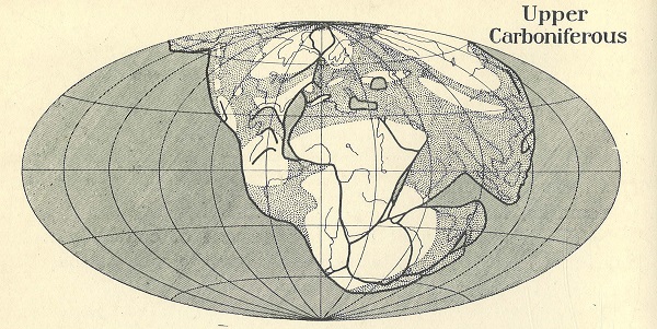 Figure 2: Wegener’s depiction of Pangaea (Wegener, 1924). The dotted areas would have been warm, shallow seas. Wegener provided the present-day outlines and the rivers for the purpose of identification only.