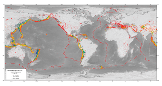 Figure 1. Map showing earthquakes from 2003-2011 with magnitude greater than 3. Colors indicate depth of hypocenter, or origin of the earthquake: Red is 0-33 km, yellow is 33-100 km, green is 100-400 km, and blue is >400 km depth.  Data are from the Advanced National Seismic System.