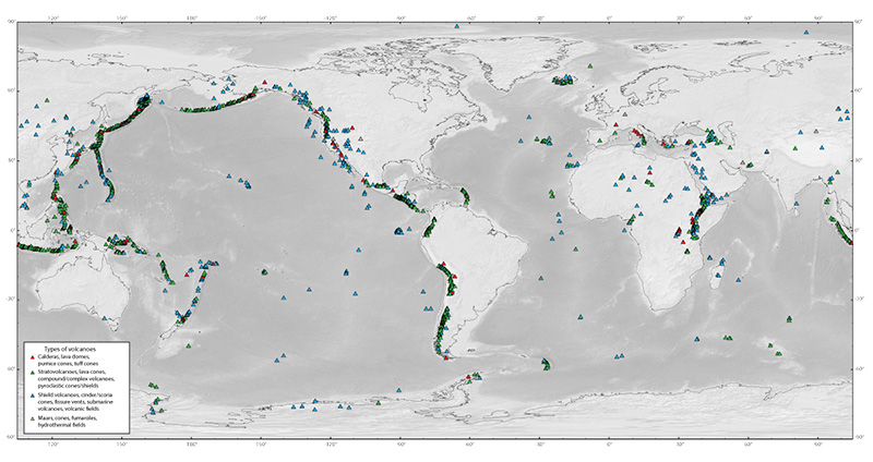 Figure 2: Map showing volcanoes that have been active in the last 10,000 years. Colored triangles indicate different volcano types: Red triangles are primarily calderas; green triangles are stratovolcanoes; blue triangles are shield volcanoes and fissure vents. Data are from the Smithsonian Institution, Global Volcanism Program.