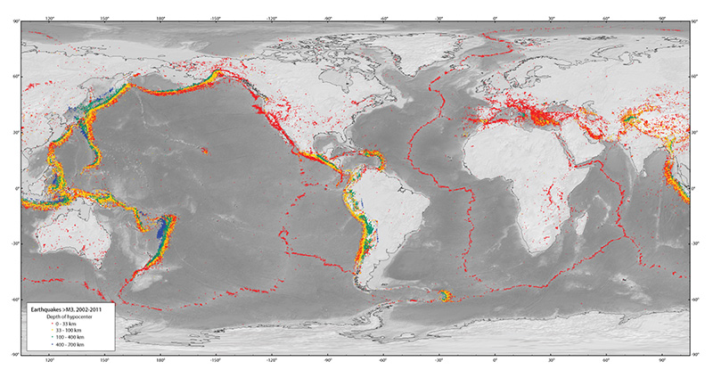 Figure 1: Map showing earthquakes from 2003-2011 with magnitude greater than 3. Colors indicate depth of hypocenter, or origin of the earthquake: Red is 0-33 km, yellow is 33-100 km, green is 100-400 km, and blue is >400 km depth. Data are from the Advanced National Seismic System.