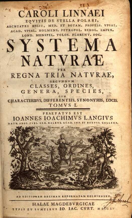 Figure 2 : The cover of Linnaeus' classic work, Systema Naturæ, which is generally considered to be the start of modern taxonomy.
