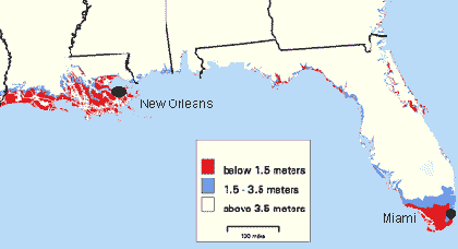 Figura 3: Las áreas en rojo estarían inundadas a una altura de 1.5m al nivel del mar; las áreas en azul estarían inundadas a una altura de 3.5m a nivel del mar. La imágen ha sido modificada del original proveniente de la U.S. Environmental Protection Agency (EPA).