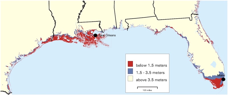 Figure 3: Areas in red would be flooded with a 1.5 m rise in sea level; areas in blue would be flooded by a 3.5 m rise in sea level. 